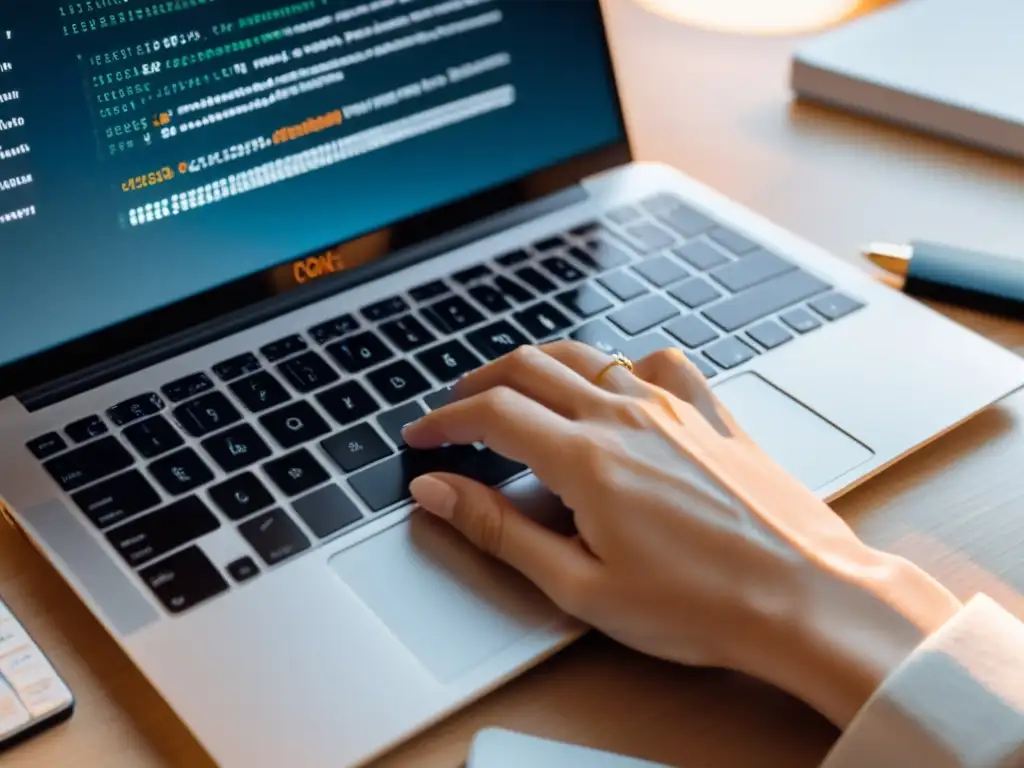 Mano escribiendo en laptop con código: monetización conocimiento software código abierto