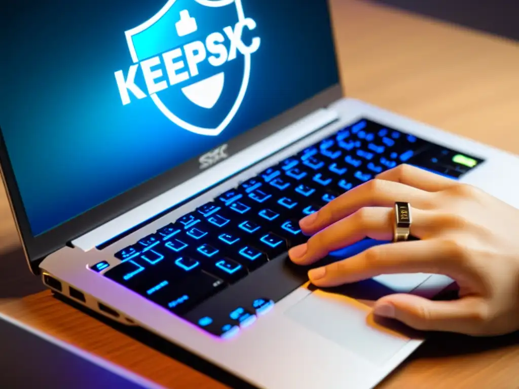 Mano escribiendo en laptop con logo KeePassXC, rodeado de elementos de ciberseguridad