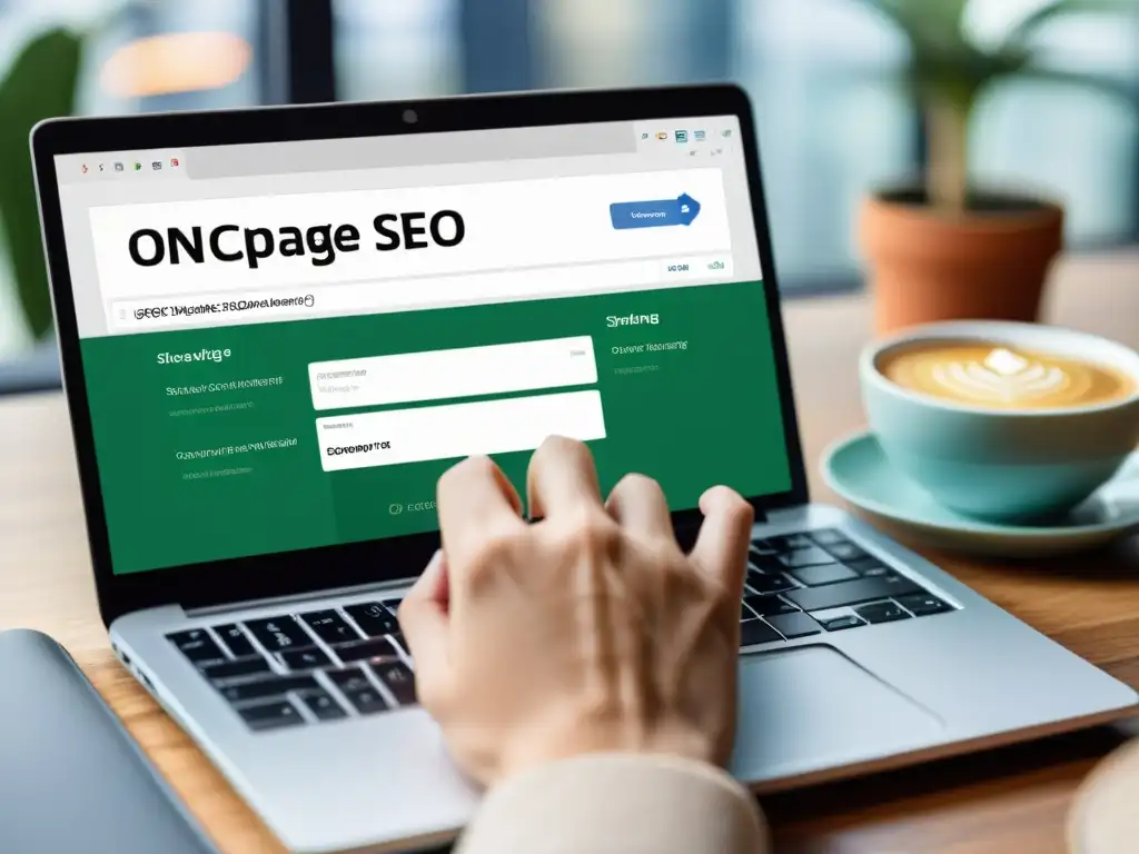 Mano tecleando en laptop moderna con estrategias SEO en CMS Open Source