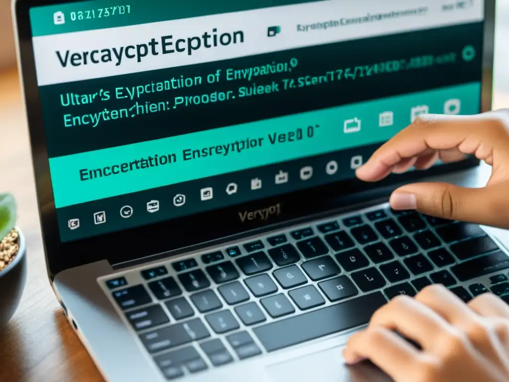 Mano tecleando en laptop moderna con pantalla de VeraCrypt en 8k, resaltando el cifrado robusto VeraCrypt ONG