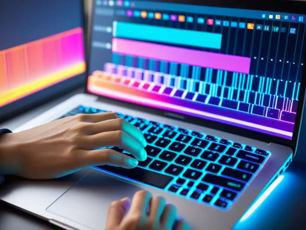 Una mano tecleando en un laptop moderno con código abierto y visualizaciones de datos coloridas de fondo