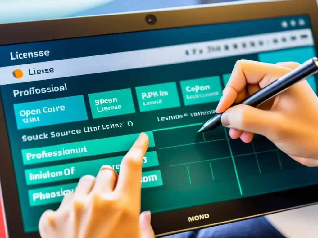 Una mano selecciona cuidadosamente la mejor licencia para proyecto open source en una interfaz moderna y vibrante