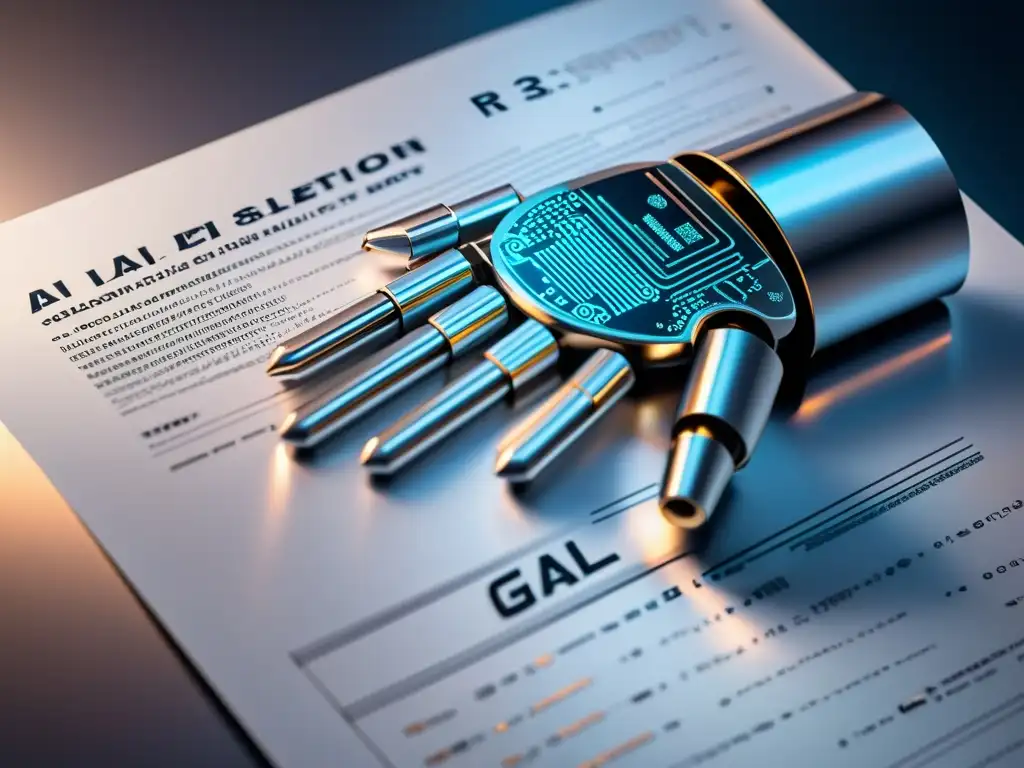 Mano robótica metálica sosteniendo documento legal con hologramas de símbolos legales y datos, reflejando código y algoritmos de IA