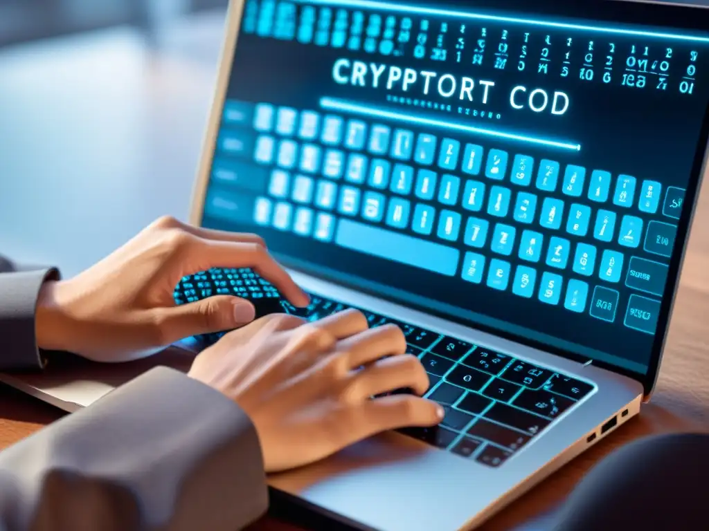 Mano tecleando en moderno teclado con código cifrado y software de criptografía open source
