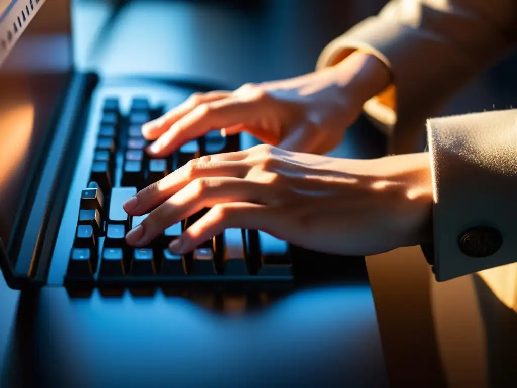 Mano tecleando en moderno teclado iluminado, ambientado profesional y moderno