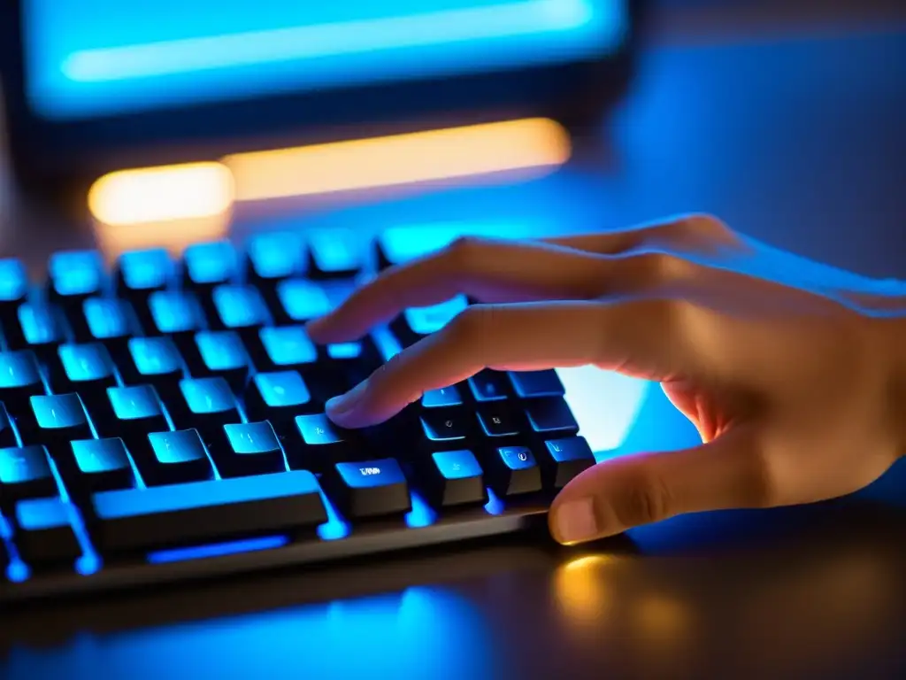 Mano tecleando en moderno teclado iluminado, evocando precisión y modernidad para autenticación segura en aplicaciones de código abierto