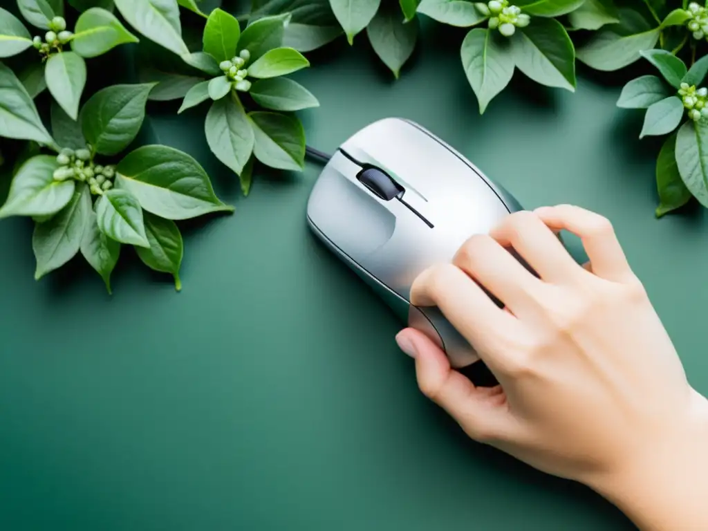 Mano utilizando mouse con fondo de plantas, armonía entre tecnología y naturaleza