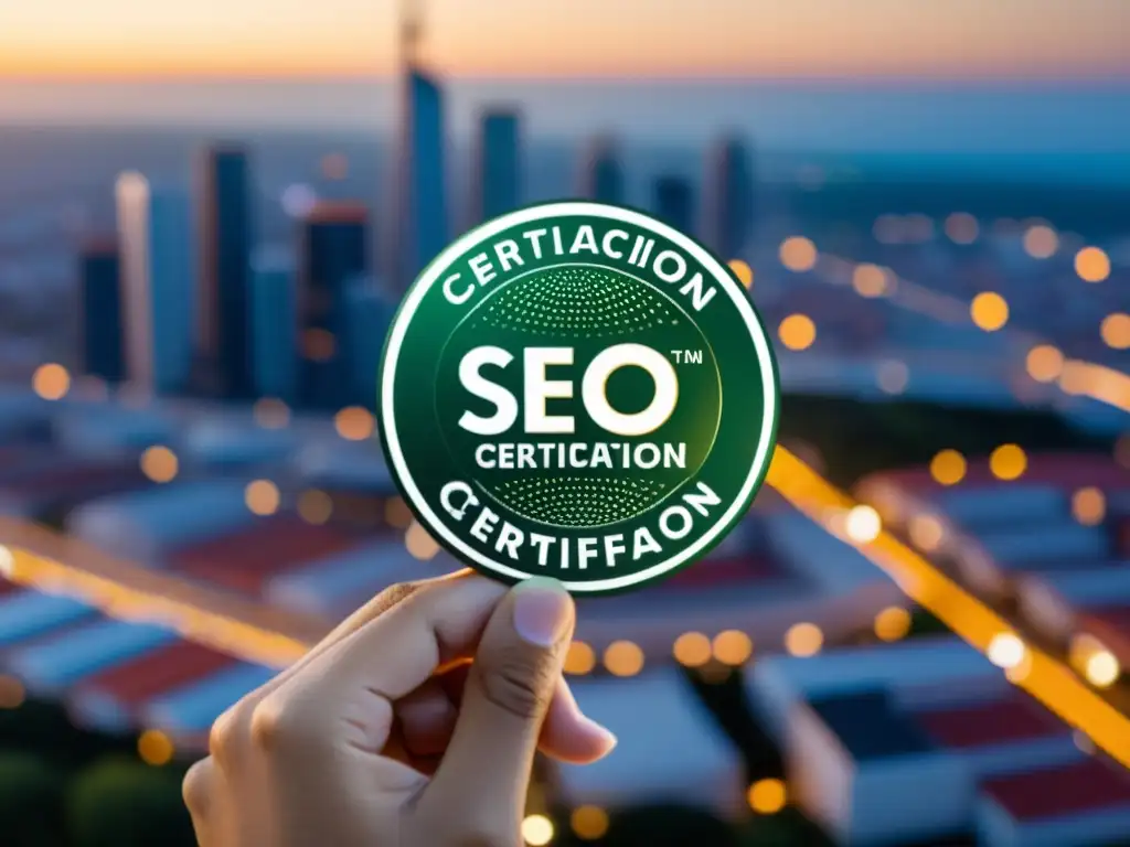 Una mano sostiene con orgullo una moderna insignia de 'Certificación en SEO' en un entorno futurista, destacando su relevancia en el mundo digital