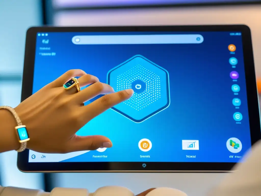 Mano ajusta plataforma virtual en tablet futurista