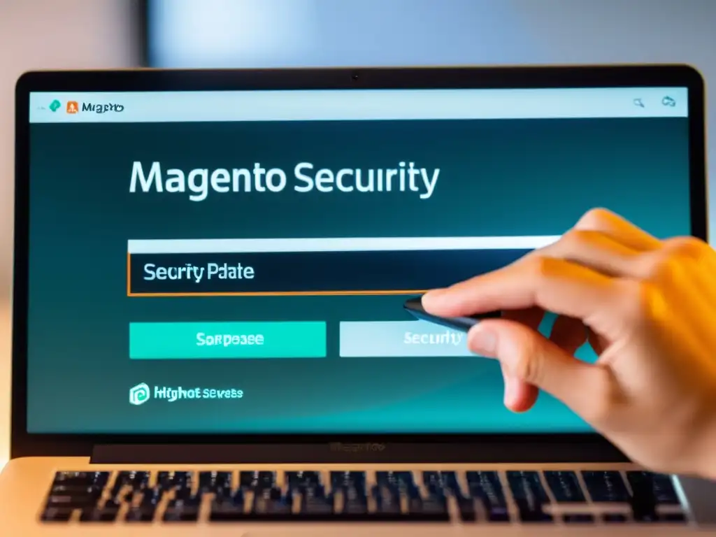 Mano actualizando seguridad en Magento, mostrando interfaz moderna y proceso detallado de parches