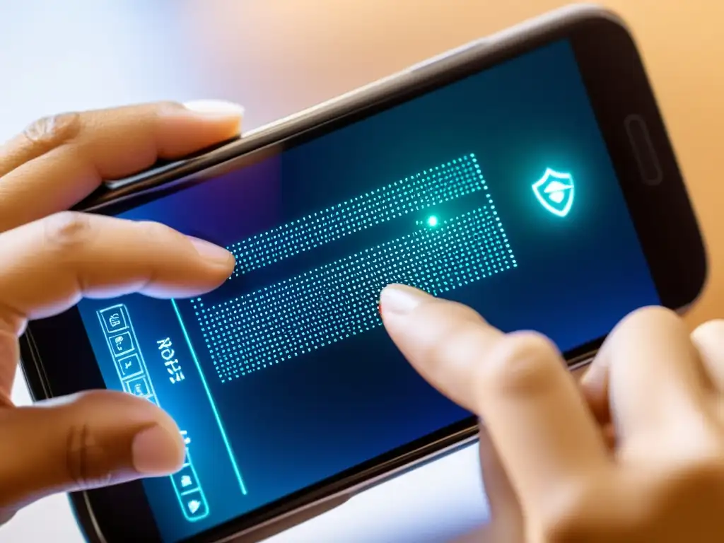 Una mano sostiene un smartphone con una app de firma digital, mostrando un proceso seguro