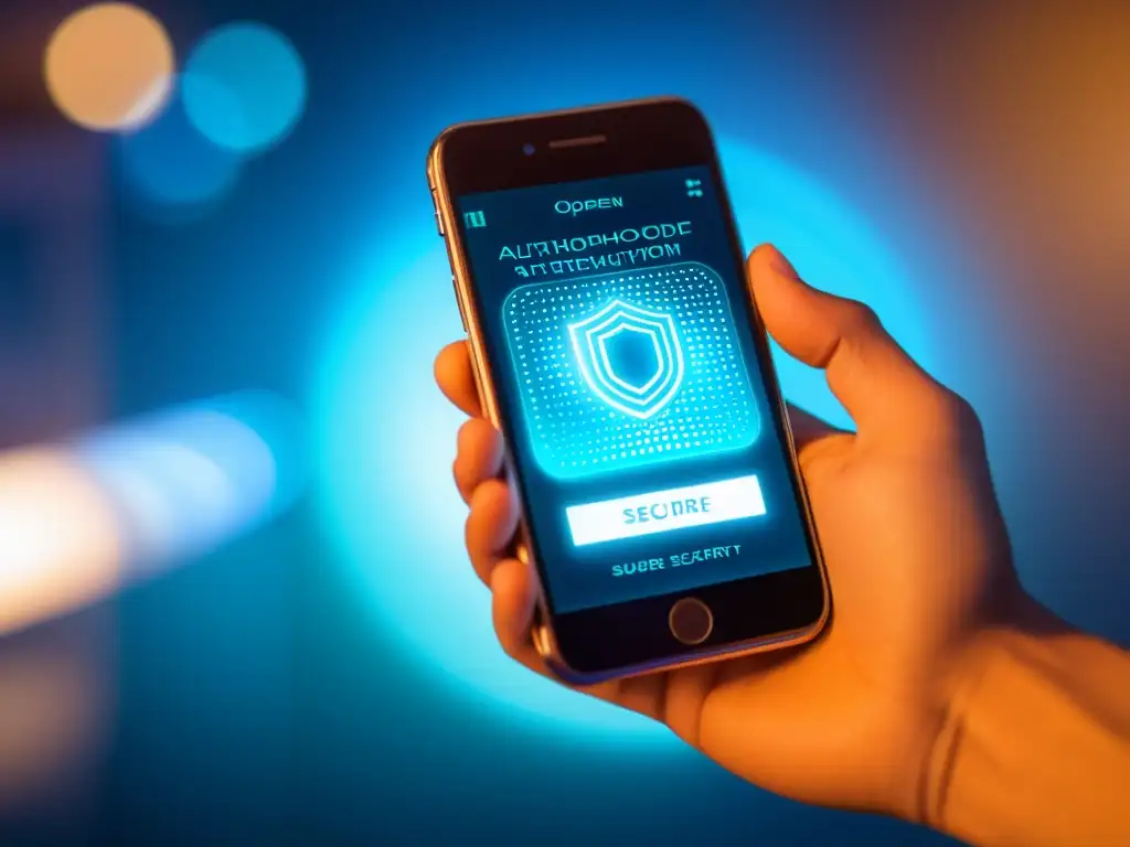Mano sostiene smartphone con app de autenticación multifactor, fondo futurista