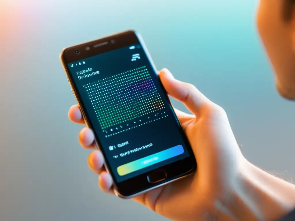 Mano sosteniendo smartphone con código y diseño de app