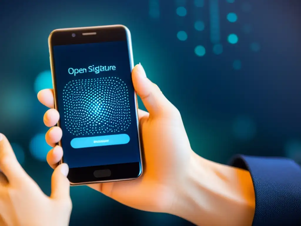 Mano sosteniendo smartphone con firma digital, en fondo futurista