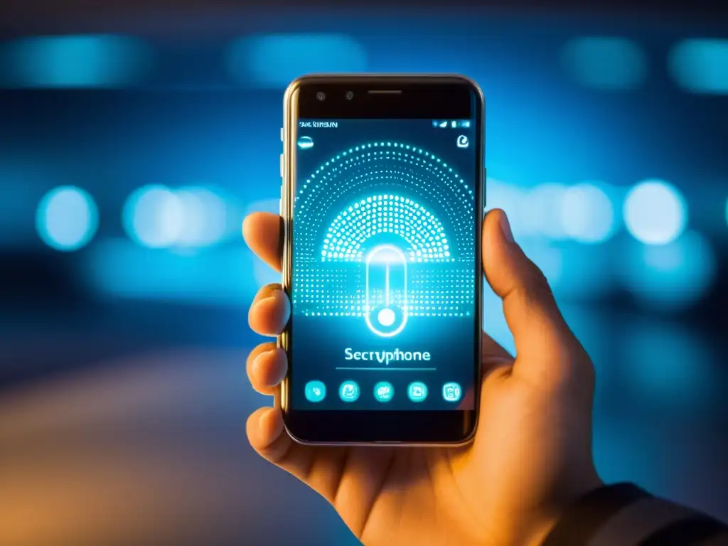 Una mano sostiene un smartphone con interfaz futurista de seguridad transparente