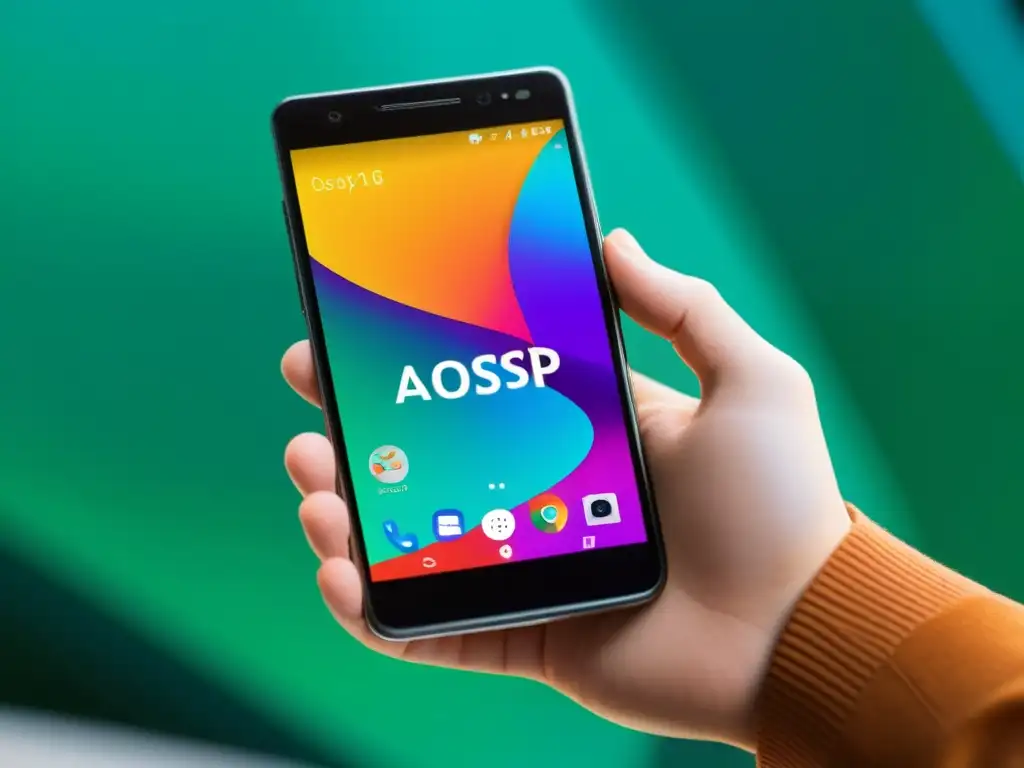 Mano sosteniendo smartphone con AOSP, pantalla personalizada y vibrante