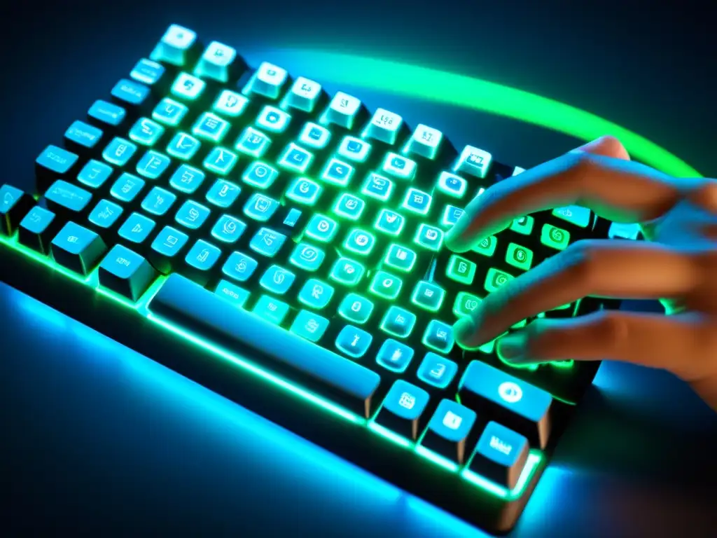 Mano escribiendo en teclado futurista con iluminación LED azul y verde, simbolizando la comunicación segura y encriptada