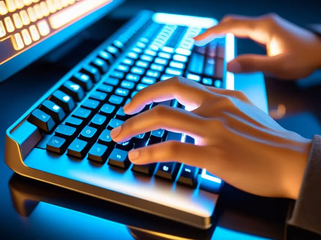 Mano escribiendo en teclado iluminado, detallando la seguridad en herramientas de código abierto con precisión y enfoque profesional