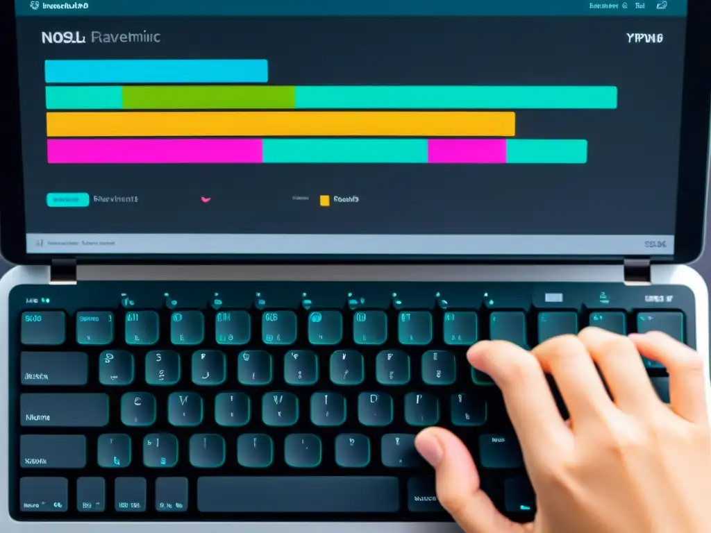 Mano tecleando en un teclado moderno, con gráfica vibrante de rendimiento de la base de datos NoSQL orientada a documentos RavenDB