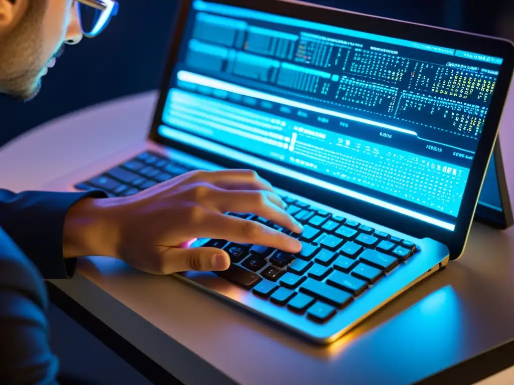 Las manos de un analista de seguridad informática escribiendo en un teclado, con líneas de código y visualizaciones de tráfico en la pantalla