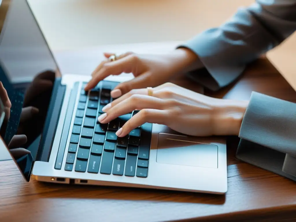 Manos bien cuidadas teclean en un moderno teclado de laptop en un escritorio de diseño minimalista