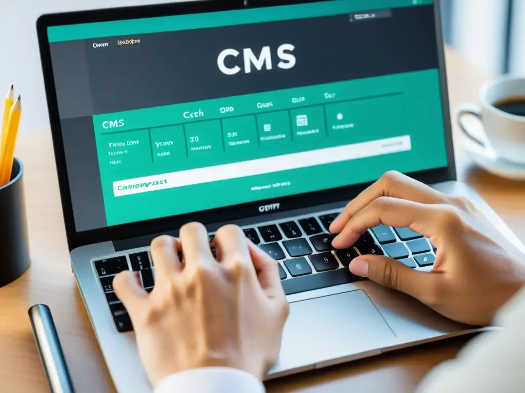 Manos de un desarrollador personalizando CMS Open Source Empresa en laptop moderna y elegante, transmitiendo profesionalismo y creatividad