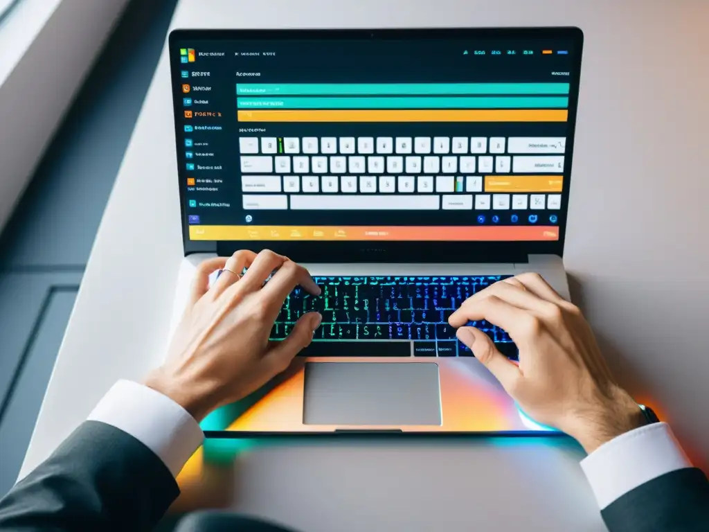 Manos de desarrollador escribiendo código en laptop moderna, en oficina minimalista