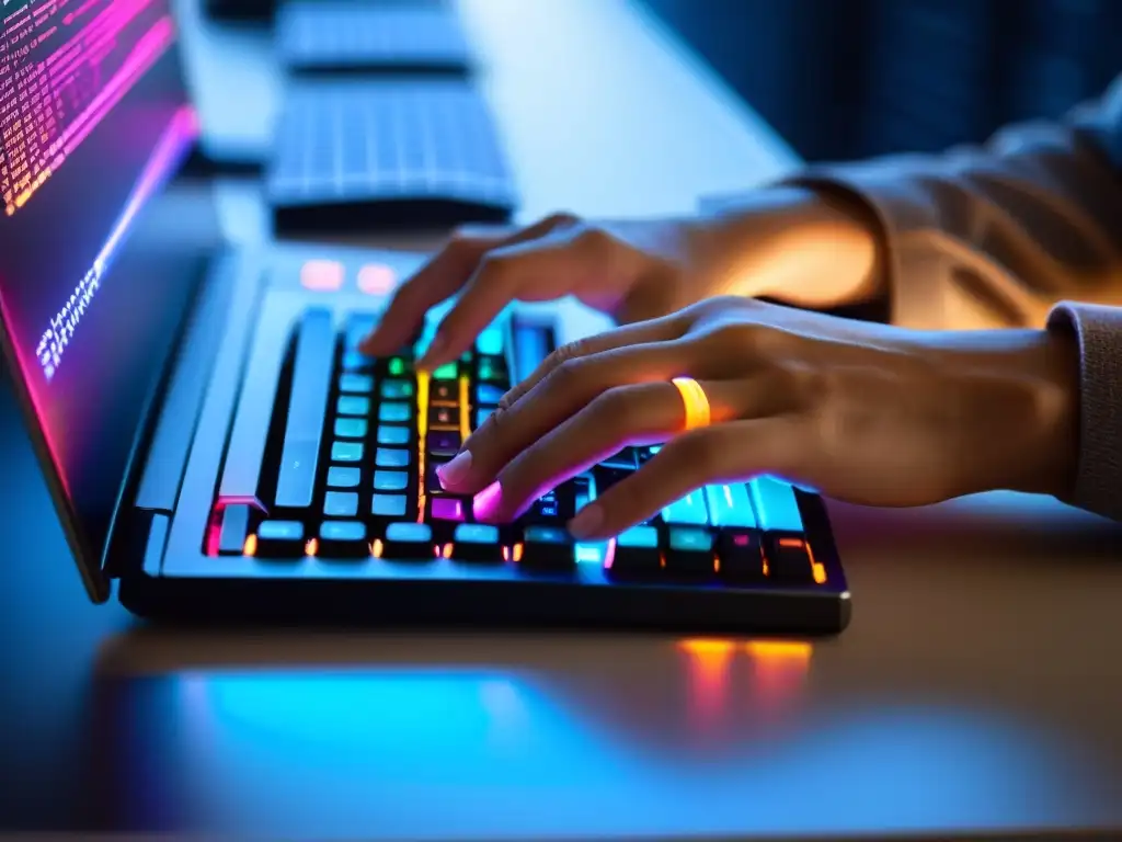 Manos de desarrollador tecleando código con precisión en un teclado retroiluminado, en un espacio minimalista con luz natural