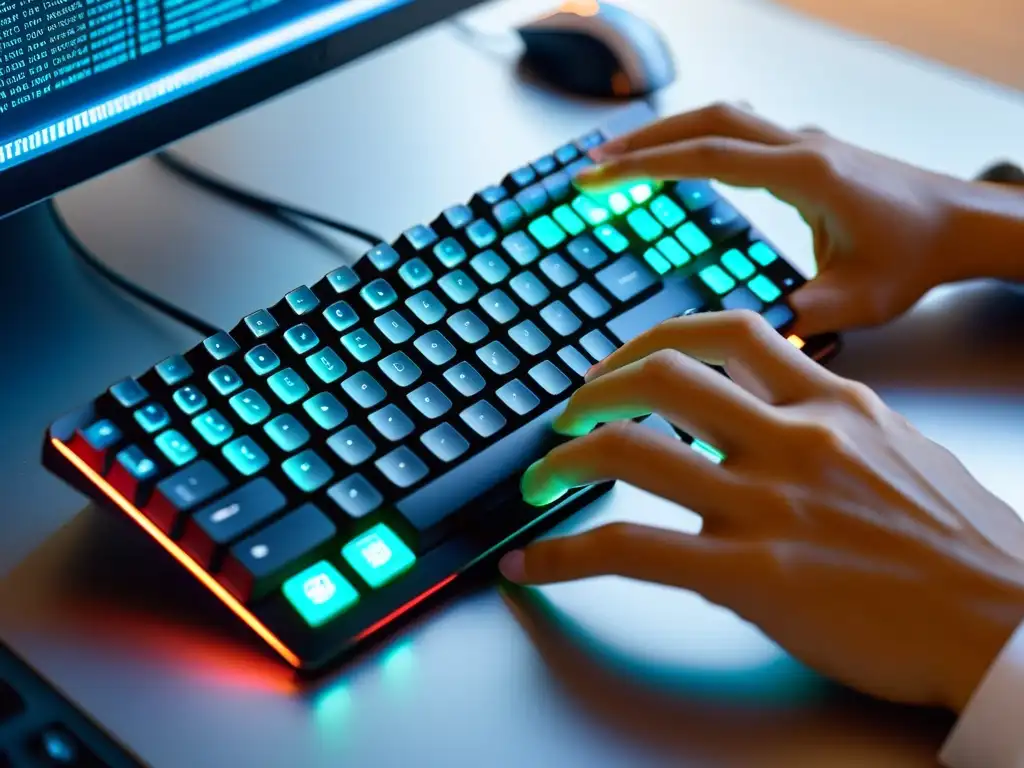 Manos de desarrollador escribiendo código en un teclado retroiluminado, rodeado de un entorno profesional y moderno