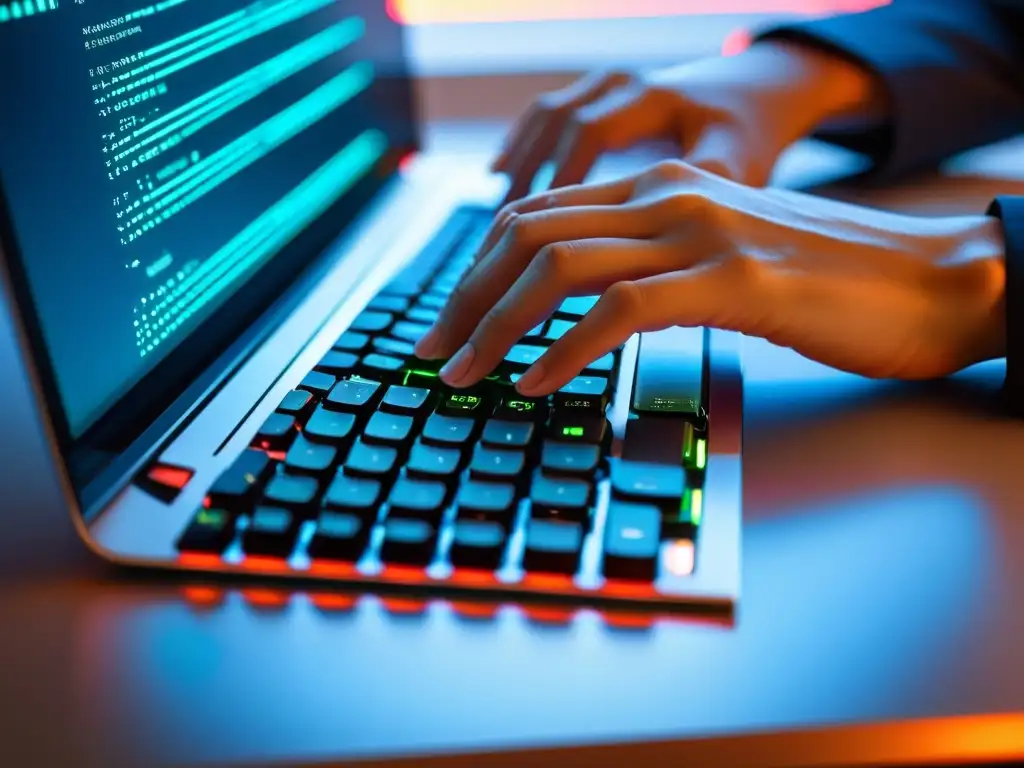 Manos de desarrollador tecleando en un elegante teclado retroiluminado, reflejando código en sus lentes