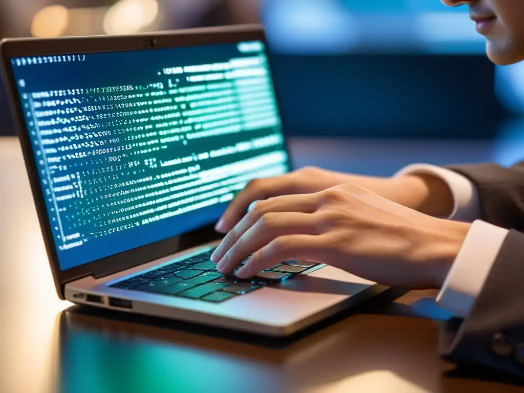 Manos de desarrollador tecleando en laptop con código Java en Spring Boot, reflejando profesionalismo, educación y modernidad