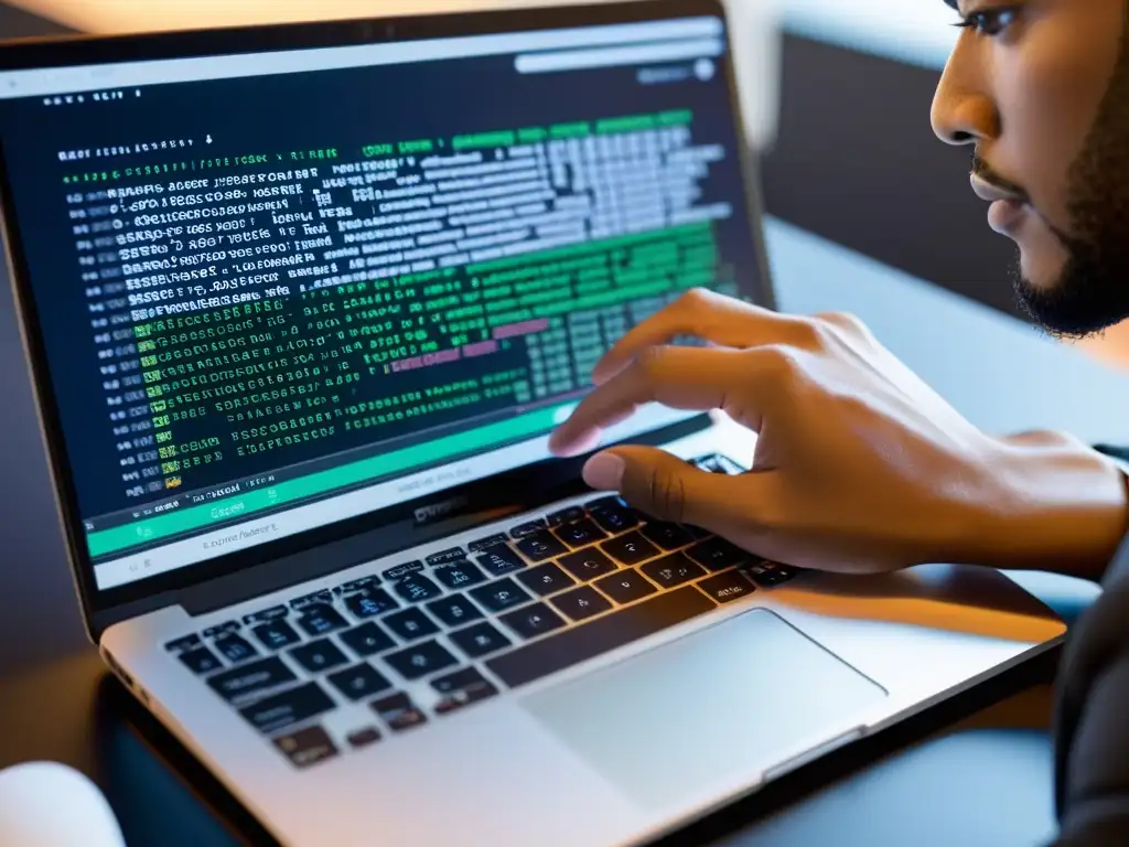 Manos de desarrollador tecleando en laptop con código Symfony PHP, maximiza eficiencia y profesionalismo