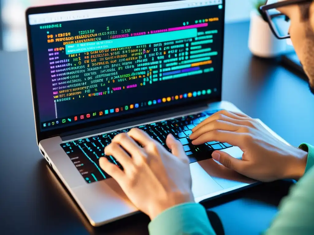 Manos de desarrollador tecleando en laptop, con código y gráficos en pantalla
