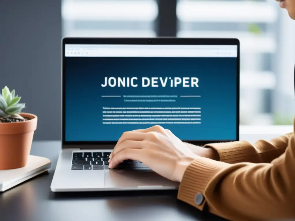 Manos de desarrollador codificando con Ionic en laptop moderno