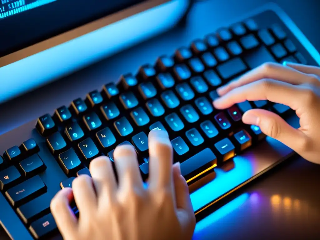 Manos de desarrollador tecleando en un moderno teclado iluminado, capturando la esencia del desarrollo de aplicaciones de escritorio con Electron