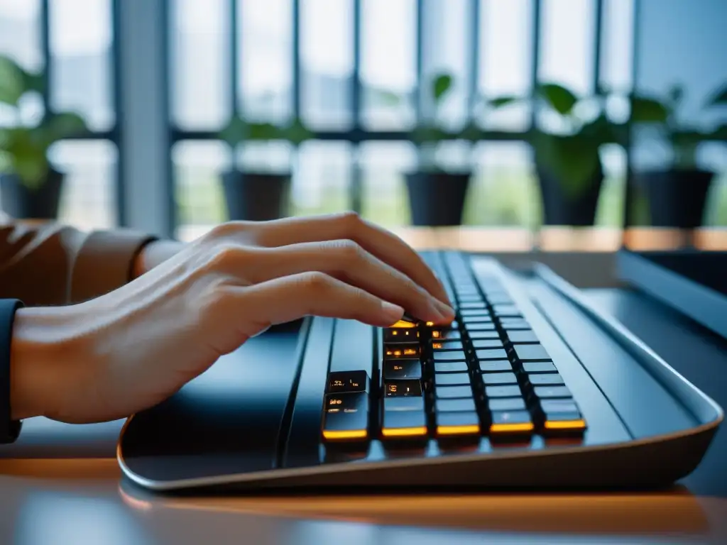 Manos de desarrollador tecleando en un moderno teclado, código en pantalla