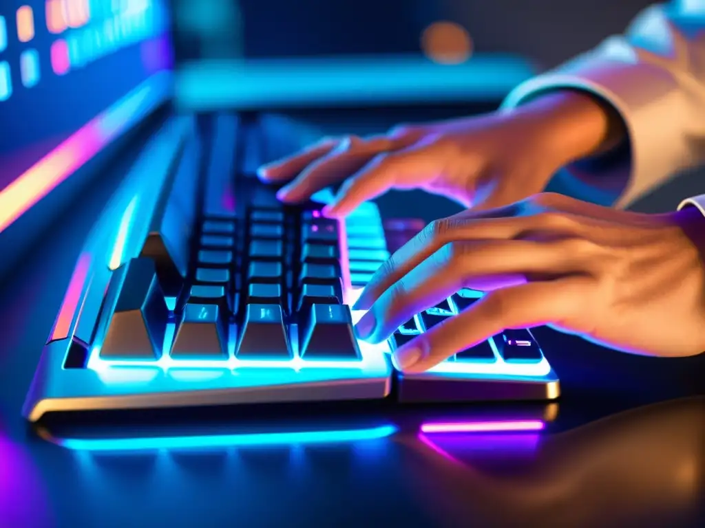 Manos de desarrollador codificando en un teclado moderno con iluminación LED colorida