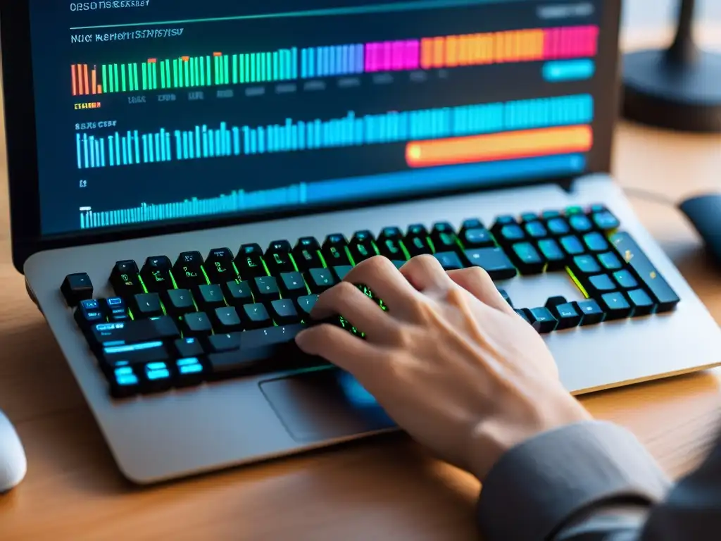Manos de desarrollador tecleando en un teclado moderno, con código en pantalla