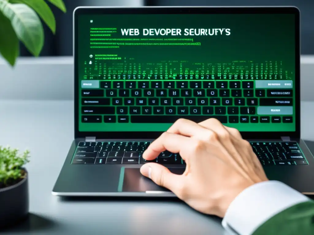 Manos de desarrollador web escribiendo código en laptop moderna, con seguridad aplicaciones web open source en pantalla