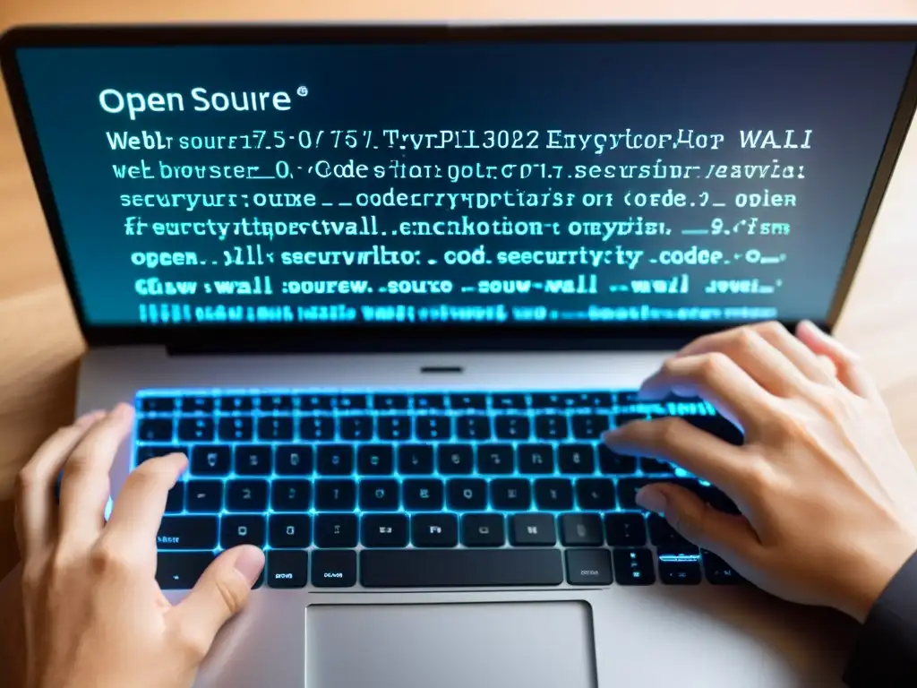 Manos de desarrollador web tecleando en laptop moderna, con código y palabras clave de seguridad en pantalla