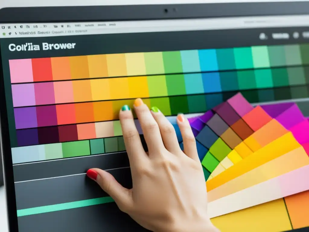 Manos de diseñador web utilizando la herramienta ColorZilla para seleccionar colores vibrantes