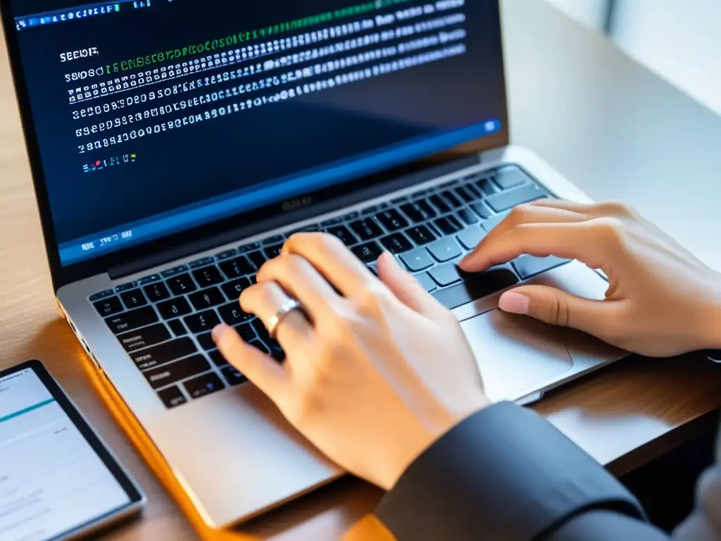 Manos expertas codificando en un elegante teclado de laptop, con pantalla mostrando integración de SQLite para aplicaciones móviles