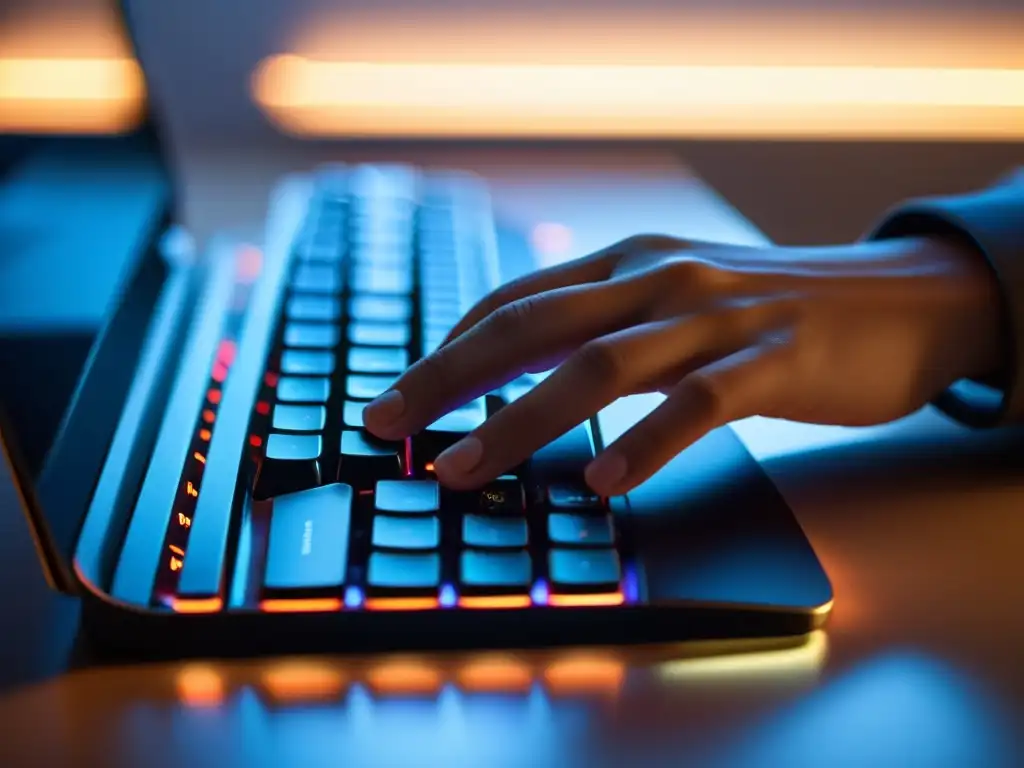 Manos expertas tecleando en un elegante teclado retroiluminado, reflejando profesionalismo y precisión