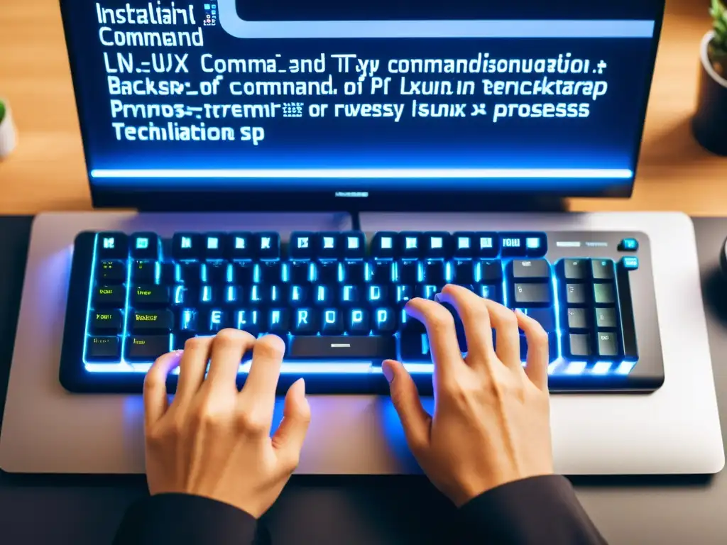 Manos expertas realizando la instalación de Linux desde cero en un teclado moderno, reflejando profesionalismo y precisión técnica