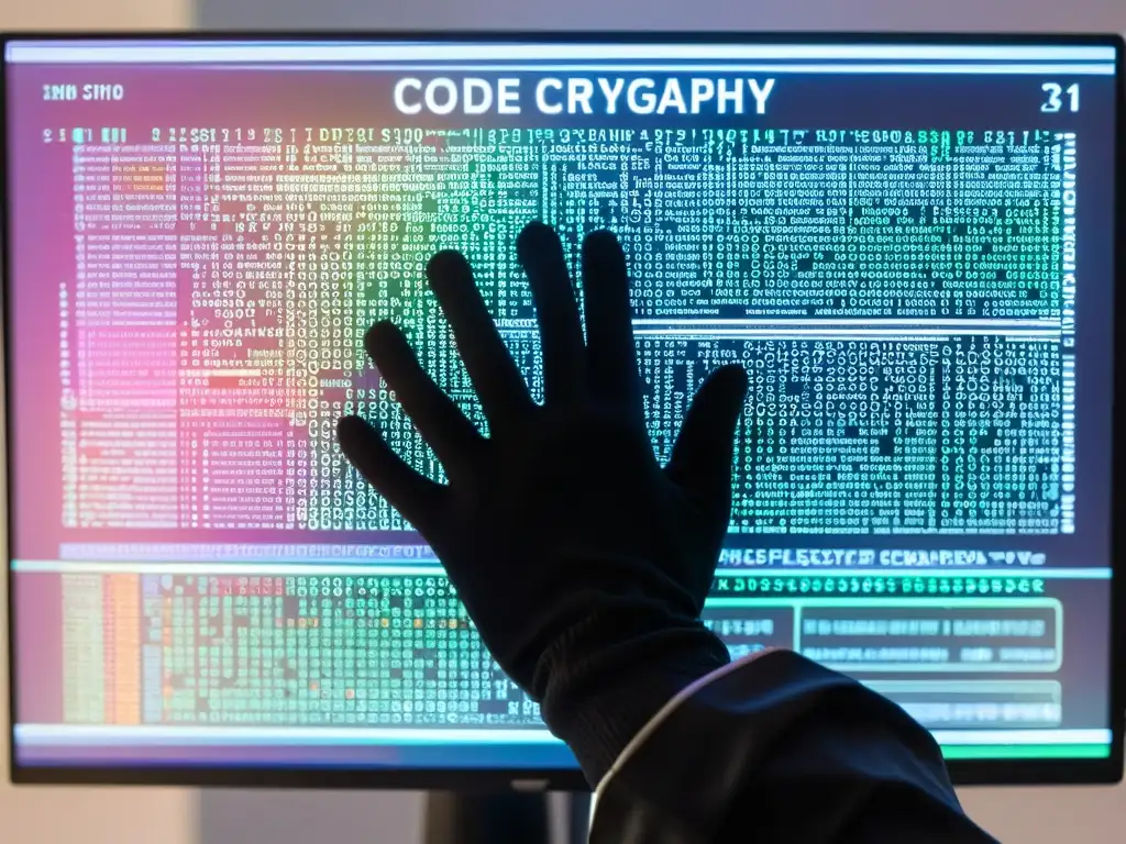 Manos con guantes negros teclean con precisión en una pantalla de código criptográfico de alta tecnología