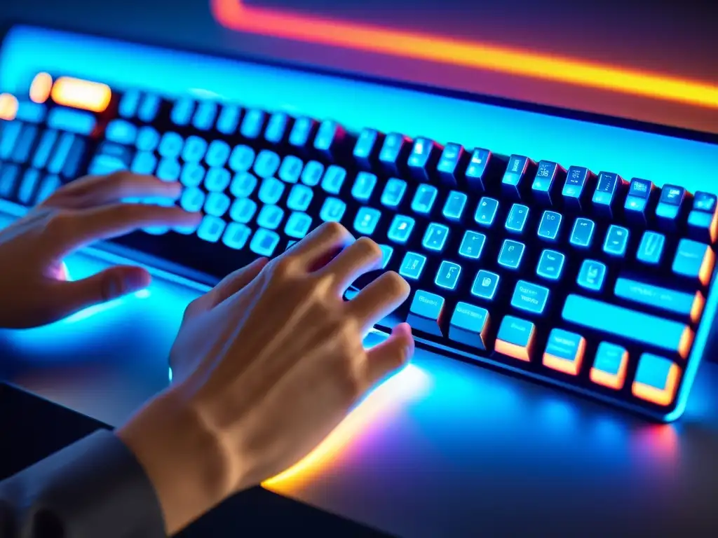 Manos tecleando en un moderno teclado, con código y colores vibrantes