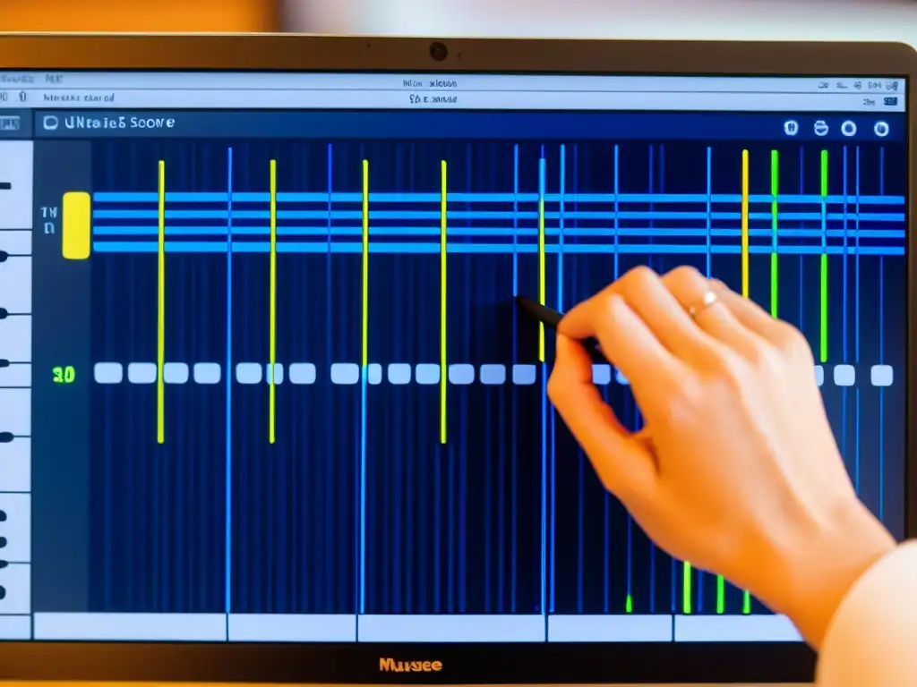 Las manos de un músico editando partituras musicales en MuseScore con precisión en una pantalla de alta resolución