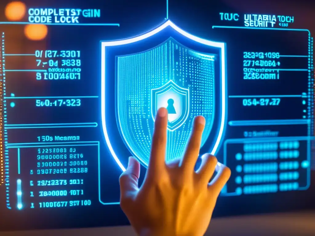 Manos operando panel táctil transparente con código y escudo holográfico, prácticas recomendadas control acceso software