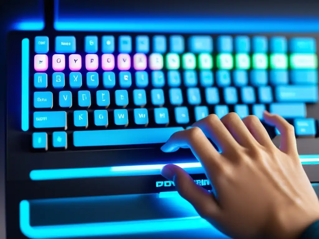 Las manos de un programador teclean en un teclado iluminado, con líneas de código en la pantalla