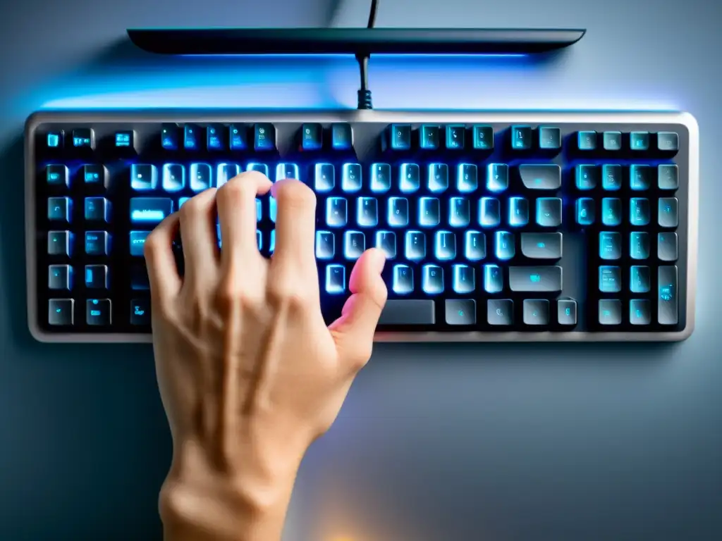 Las manos de un programador teclean con precisión en un teclado moderno iluminado